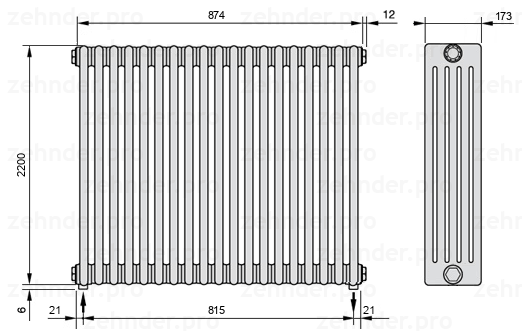 Схема (чертеж) Радиатор Zehnder Charleston 5220/19 №3570 Белый глянцевый RAL 9016